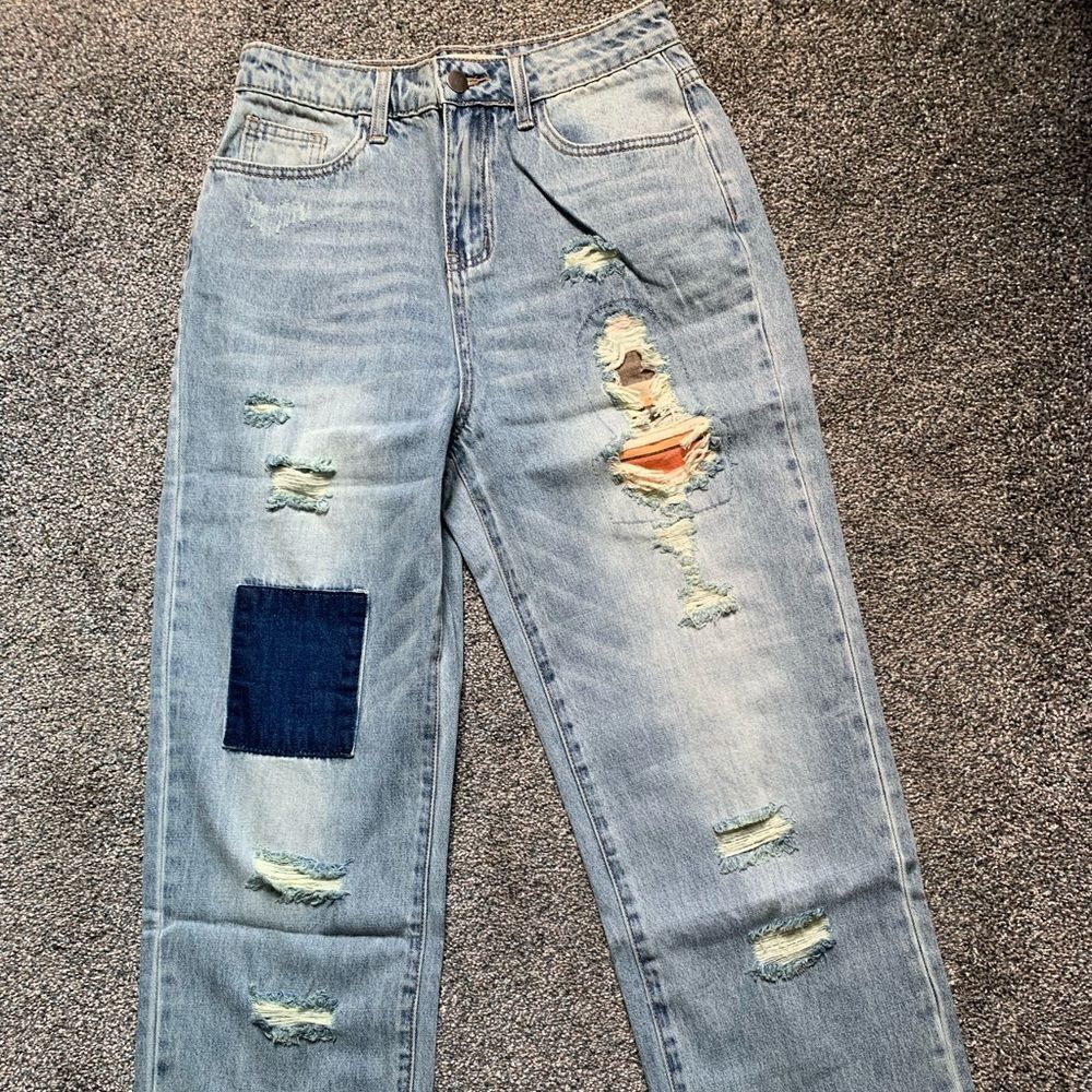 Patched Ripped Faded Blue Denim Jeans Straight Leg High waist Cotton New Haptic